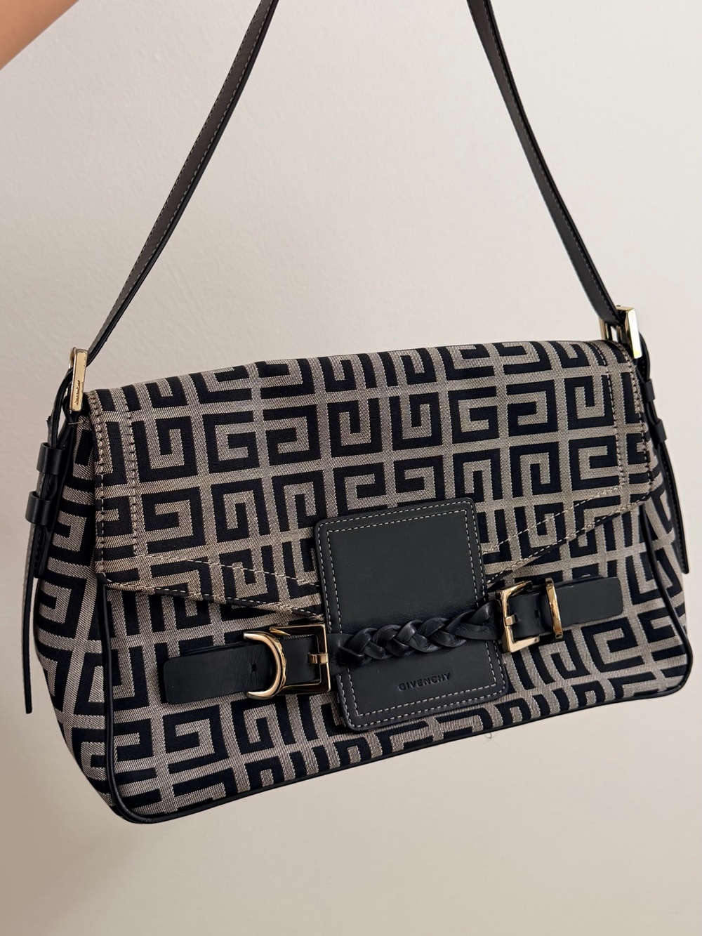 Givenchy Black & Gray Geometric Logo Shoulder Bag with Braided Trim